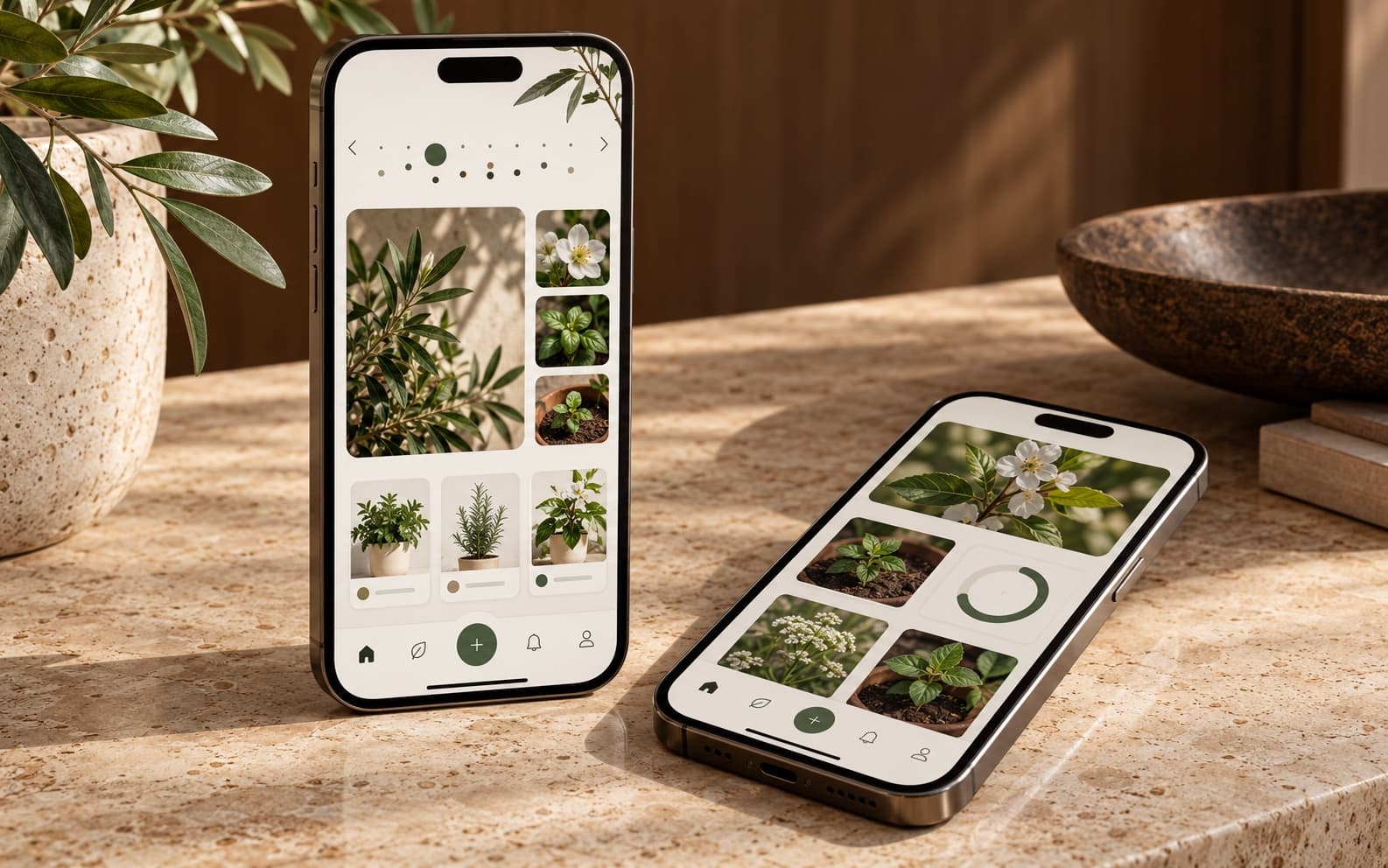 Two phones showing an illustrative garden-planning app interface.