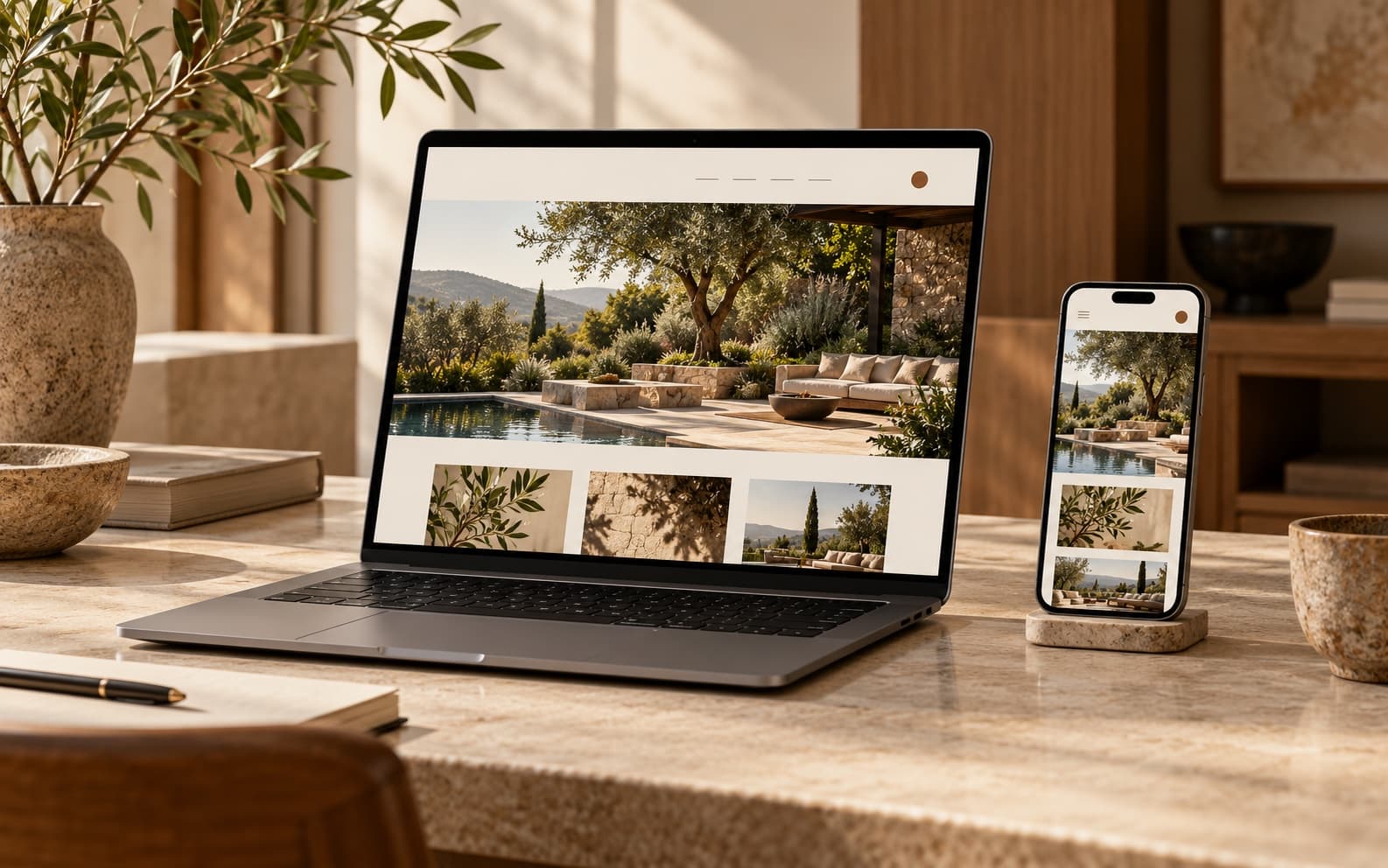 Responsive garden and outdoor-living website concept shown on a laptop and phone.
