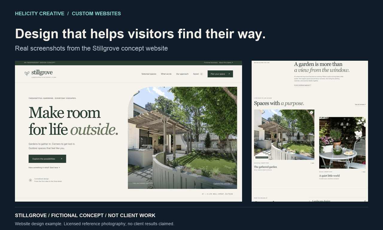 Stillgrove fictional website concept shown across desktop and mobile layouts.