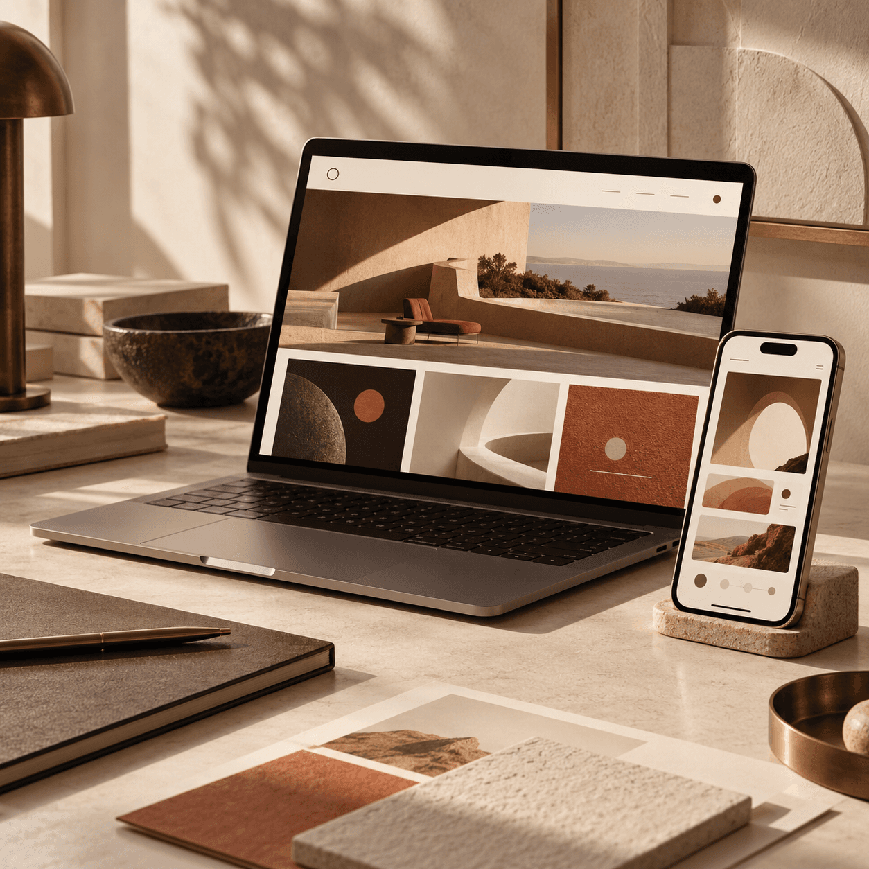 Warm cream-and-brown studio scene with a laptop website design and a mobile app interface
