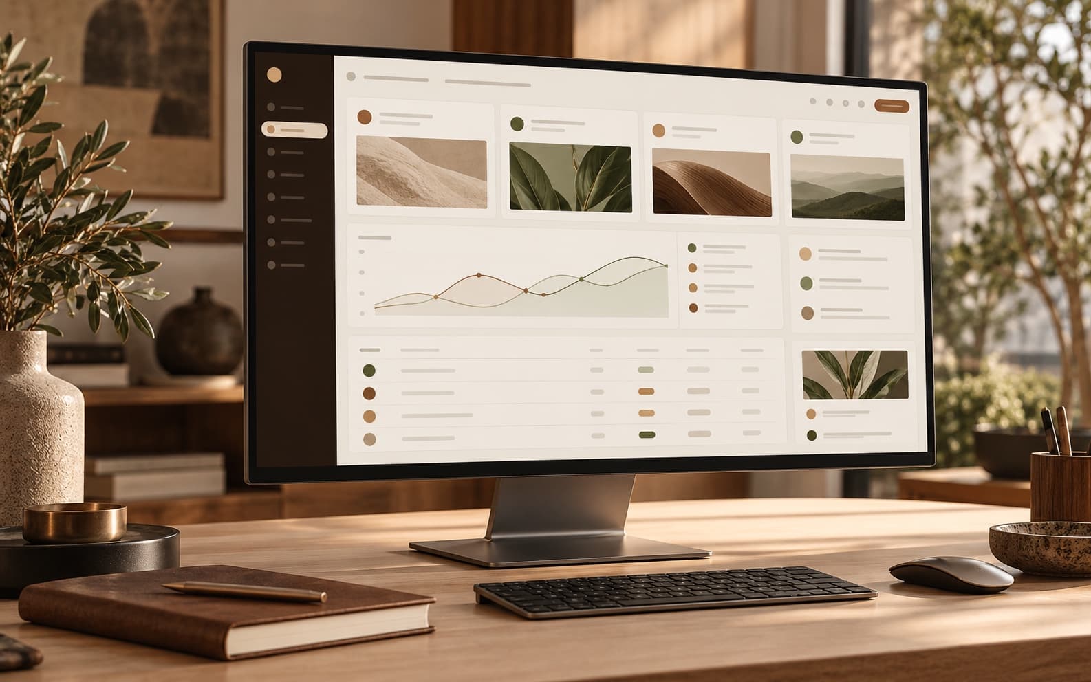 Illustrative software dashboard interface on a desktop monitor in a warm studio.