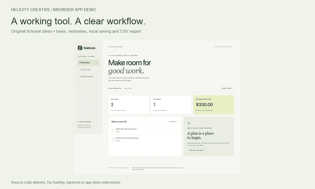 Fieldnote fictional software workflow interface and task dashboard.